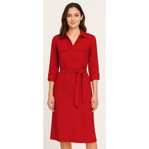 New Jones New York Raspberry Red  Belted Shirt Midi Dress 6 Adjustable Sleeves